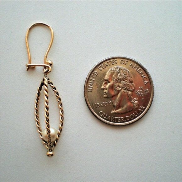 Vintage Solid 14K Yellow Gold White Cultured Pearl Dangle Drop Earrings P - Picture 2 of 5